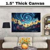 4th of July Village Celebration with Fireworks and Swirly Night Sky – Patriotic Folk Art Print on Ready to Hang 1.5" Thick Canvas Wrap, Floating Framed Canvas, Flat Rolled Canvas