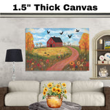 Autumn Farm Folk Art Print Featuring Red Barn Fall Trees Birds and Flowers Hand Painted Country Landscape Illustration for Cozy Rustic Wall Decor or Gift on Ready to Hang 1.5" Thick Canvas Wrap, Floating Framed Canvas, Flat Rolled Canvas