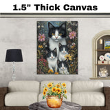 Blossoming Spring Whimsy: Tuxedo Cat Mom and Kittens in a Floral Wonderland on Ready to Hang 1.5" Thick Canvas Wrap, Floating Framed Canvas, Flat Rolled Canvas