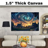 Patriotic Village Under Swirling Starry Sky – 4th of July Folk Art Print on Ready to Hang 1.5" Thick Canvas Wrap, Floating Framed Canvas, Flat Rolled Canvas