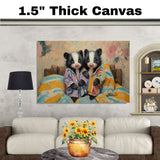 Charming Painting of Two Baby Skunks in Pajamas Sitting on a Colorful Bed with Warm Expressions and Floral Background in a Cozy Whimsical Setting on Ready to Hang 1.5" Thick Canvas Wrap, Floating Framed Canvas, Flat Rolled Canvas