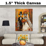 Skeleton Wedding Family in Autumn Forest – Día de los Muertos Folk Art with Bright Floral Accents on Ready to Hang 1.5" Thick Canvas Wrap, Floating Framed Canvas, Flat Rolled Canvas