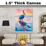 Colorful Pelican Watercolor Painting with Ocean Sunset and Reflected Shoreline View on Ready to Hang 1.5" Thick Canvas Wrap, Floating Framed Canvas, Flat Rolled Canvas