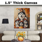 Autumn Charm: Siberian Husky Mom and Three Puppies in a Basket with Pumpkin and Grapes on Ready to Hang 1.5" Thick Canvas Wrap, Floating Framed Canvas, Flat Rolled Canvas
