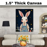 Adorable White Bunny in Floral Overalls Hand Painted Art Magical Starry Night Scene Perfect for Nursery Kids Room Home Wall Decor Bedroom or Gift on Ready to Hang 1.5" Thick Canvas Wrap, Floating Framed Canvas, Flat Rolled Canvas