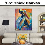 Radiant Pelican Pair Artwork with Bold Blue and Orange Plumage Perched on a Branch Against a Sunset-Inspired Abstract Background in Warm Tropical Hues on Ready to Hang 1.5" Thick Canvas Wrap, Floating Framed Canvas, Flat Rolled Canvas