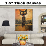 Expressive Black Cat Screaming on Canvas – Whimsical Sunset Painting with Bold Artistic Flair on Ready to Hang 1.5" Thick Canvas Wrap, Floating Framed Canvas, Flat Rolled Canvas