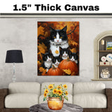 Autumn Whimsy: Tuxedo Cat Mom and Four Kittens with Pumpkin in a Fall Landscape on Ready to Hang 1.5" Thick Canvas Wrap, Floating Framed Canvas, Flat Rolled Canvas