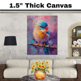 Cute Baby Bird in Rainbow Brushstrokes with Blue Pink and Yellow Feathers Sitting Calmly on a Branch Ideal for Whimsical and Artistic Wall Displays on Ready to Hang 1.5" Thick Canvas Wrap, Floating Framed Canvas, Flat Rolled Canvas