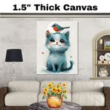 Adorable Blue Kitten with Big Eyes and Red-Breasted Bird on Head Whimsical Animal Illustration for Kids Room or Nursery Cute Art for Pet and Bird Lovers on Ready to Hang 1.5" Thick Canvas Wrap, Floating Framed Canvas, Flat Rolled Canvas
