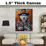 Autumn Breeze: Siberian Husky Mom and Her Three Puppies in a Fall Landscape on Ready to Hang 1.5" Thick Canvas Wrap, Floating Framed Canvas, Flat Rolled Canvas