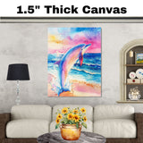 Watercolor Painting of Colorful Dolphin Leaping from Ocean Waves at Sunset with Splashing Water and Vibrant Sky in Pastel Tones on Ready to Hang 1.5" Thick Canvas Wrap, Floating Framed Canvas, Flat Rolled Canvas