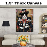 Elegant Blossoms: Tuxedo Cat Mom Carrying Two Kittens in a Victorian Gown on Ready to Hang 1.5" Thick Canvas Wrap, Floating Framed Canvas, Flat Rolled Canvas