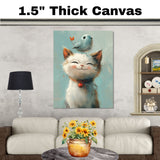 Sweet Painting of a Smiling Kitten with a Blue Bird on Its Head and Red Bell Collar Perfect for Whimsical Nursery Decor or a Gift for Cat and Animal Lovers on Ready to Hang 1.5" Thick Canvas Wrap, Floating Framed Canvas, Flat Rolled Canvas