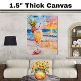 Refreshing Pina Colada on the Beach Watercolor Painting with Pineapple Garnish and Sunset Ocean Background on Ready to Hang 1.5" Thick Canvas Wrap, Floating Framed Canvas, Flat Rolled Canvas