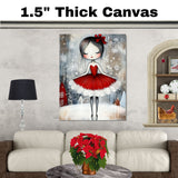 Whimsical Christmas Ballerina in Red Dress Snowy Ballet Dancer Wall Art, Winter Holiday Girl Illustration, Festive Nursery or Ballet Lover Decor Print on Ready to Hang 1.5" Thick Canvas Wrap, Floating Framed Canvas, Flat Rolled Canvas