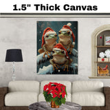 Christmas Frogs in Santa Hats Festive Tree Frogs Sitting on Snowy Branches Adorable Winter Holiday Decoration for Home Office or Christmas Gifts on Ready to Hang 1.5" Thick Canvas Wrap, Floating Framed Canvas, Flat Rolled Canvas