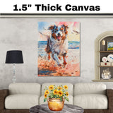 Watercolor Art of a Joyful Fluffy Dog Running on the Beach with Colorful Ocean Waves and Radiant Sky at Sunrise on Ready to Hang 1.5" Thick Canvas Wrap, Floating Framed Canvas, Flat Rolled Canvas