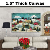 Christmas Village in Snowy Hills with Colorful Homes, Pine Trees, and Falling Snowflakes in Whimsical Folk Art on Ready to Hang 1.5" Thick Canvas Wrap, Floating Framed Canvas, Flat Rolled Canvas