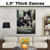 Regal Comfort: Tuxedo Cat Mom with Three Kittens on an Elegant European Sofa on Ready to Hang 1.5" Thick Canvas Wrap, Floating Framed Canvas, Flat Rolled Canvas