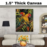 Jungle Parrot Pair Artwork Featuring Red and Yellow Feathers with Green Wings Perched on a Branch in a Lush Tropical Setting with Stylized Foliage on Ready to Hang 1.5" Thick Canvas Wrap, Floating Framed Canvas, Flat Rolled Canvas