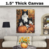 Autumn Whiskers: Black-and-White Cat Family Among Harvest Pumpkins on Ready to Hang 1.5" Thick Canvas Wrap, Floating Framed Canvas, Flat Rolled Canvas