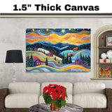 Colorful Christmas Folk Art Landscape with Rolling Snowy Hills, Cozy Cabins, Pine Trees, and a Glowing Sunset Sky on Ready to Hang 1.5" Thick Canvas Wrap, Floating Framed Canvas, Flat Rolled Canvas