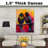 Two Vibrant Black Birds Sitting on a Branch with Bold Neon Colors and Dramatic Yellow and Red Background Capturing a Lively and Expressive Moment in Nature on Ready to Hang 1.5" Thick Canvas Wrap, Floating Framed Canvas, Flat Rolled Canvas