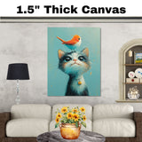 Adorable Cat with Bell and Cheerful Bird on Head Illustration Perfect for Kids Room Nursery and Animal Lovers Unique Gift Idea for Cat and Bird Enthusiasts on Ready to Hang 1.5" Thick Canvas Wrap, Floating Framed Canvas, Flat Rolled Canvas