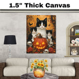 Haunted Forest Whispers: Tuxedo Cat Mom and Two Kittens with Pumpkin and Skeleton on Ready to Hang 1.5" Thick Canvas Wrap, Floating Framed Canvas, Flat Rolled Canvas