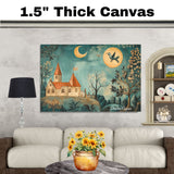 Moonlit Folk Art Dreamscape – Whimsical Church, Trees & Bird in Antique Style on Ready to Hang 1.5" Thick Canvas Wrap, Floating Framed Canvas, Flat Rolled Canvas