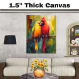 Colorful Birds on a Branch Painting – Vibrant Red and Yellow Cardinals in a Lush Nature-Inspired Abstract Artwork on Ready to Hang 1.5" Thick Canvas Wrap, Floating Framed Canvas, Flat Rolled Canvas