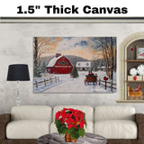 Festive Winter Scene with Red Barn, Snowy Cabin, Horse-Drawn Sleigh, Christmas Tree, and Cozy Countryside Charm on Ready to Hang 1.5" Thick Canvas Wrap, Floating Framed Canvas, Flat Rolled Canvas