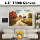 Winding Country Road to Red Barns – Autumn Folk Art Print Featuring Rustic Landscape and Fall Colors on Ready to Hang 1.5" Thick Canvas Wrap, Floating Framed Canvas, Flat Rolled Canvas