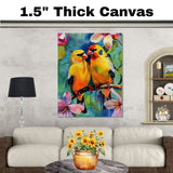 Charming Yellow Bird Pair Artwork Featuring Bright Plumage and Blossoms on a Branch with a Lush Floral Background in Vivid Colors and Whimsical Style on Ready to Hang 1.5" Thick Canvas Wrap, Floating Framed Canvas, Flat Rolled Canvas