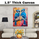 Blue Jay Bird Pair Perched on Branch in Vivid Artistic Detail with Bright Orange and Pink Abstract Background Ideal for Bird Lovers and Nature Enthusiasts on Ready to Hang 1.5" Thick Canvas Wrap, Floating Framed Canvas, Flat Rolled Canvas