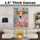 Charming Blooms: Jack Russell Dog in a Hearty Flowery Dress and Hat Whimsical Artwork on Ready to Hang 1.5" Thick Canvas Wrap, Floating Framed Canvas, Flat Rolled Canvas