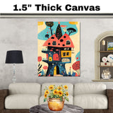 Whimsical Fantasy House with Bright Colors and Playful Mid-Century Modern Illustration Style on Ready to Hang 1.5" Thick Canvas Wrap, Floating Framed Canvas, Flat Rolled Canvas