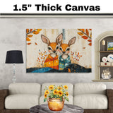 Whimsical Painting of Two Adorable Baby Deer in Colorful Pajamas Surrounded by Autumn Leaves and Nature-Inspired Background in Warm Fall Tones on Ready to Hang 1.5" Thick Canvas Wrap, Floating Framed Canvas, Flat Rolled Canvas