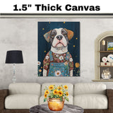 Charming Dog in Overalls and Floral Shirt Under Starry Sky Whimsical Dog Art Farmhouse Nursery Living Room Decor Perfect for Dog Lovers and Gift Ideas on Ready to Hang 1.5" Thick Canvas Wrap, Floating Framed Canvas, Flat Rolled Canvas