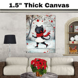 Christmas Wall Art Featuring Whimsical Black Cat Ice Skating with Red Scarf and Snowy Forest Background Cute Holiday Animal Illustration for Winter Home Decor and Gifts on Ready to Hang 1.5" Thick Canvas Wrap, Floating Framed Canvas, Flat Rolled Canvas