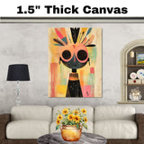 Colorful Abstract Tribal Character Art in Mid-Century Modern Style with Bold Feathers and Whimsical Expression for Living Room or Office Display on Ready to Hang 1.5" Thick Canvas Wrap, Floating Framed Canvas, Flat Rolled Canvas