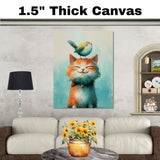 Whimsical Painting of a Smiling Orange Cat with a Happy Bird on Its Head Perfect for Animal Lovers and Playful Home or Nursery Decor on Ready to Hang 1.5" Thick Canvas Wrap, Floating Framed Canvas, Flat Rolled Canvas