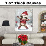 Whimsical Christmas Sloth Skating Art Print – Cute Red Sweater & Santa Hat Winter Holiday Decor, Nursery Wall Art, Cozy Woodland Animal Illustration on Ready to Hang 1.5" Thick Canvas Wrap, Floating Framed Canvas, Flat Rolled Canvas