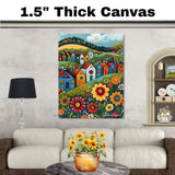 Colorful Folk Art Canvas – Bright Village Houses and Whimsical Wildflowers on Rolling Green Hills on Ready to Hang 1.5" Thick Canvas Wrap, Floating Framed Canvas, Flat Rolled Canvas