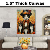 Autumn Whispers: Tuxedo Cat Mom and Three Kittens with Pumpkin on Ready to Hang 1.5" Thick Canvas Wrap, Floating Framed Canvas, Flat Rolled Canvas