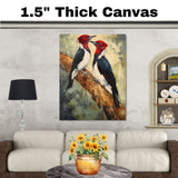 Pair of Red Headed Black and White Birds Perched on Tree Branch in Detailed Nature Painting Showcasing Wildlife Beauty and Woodland Charm on Ready to Hang 1.5" Thick Canvas Wrap, Floating Framed Canvas, Flat Rolled Canvas