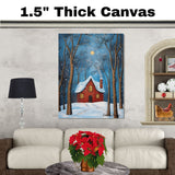 Cozy Red House in Snowy Forest at Night with Glowing Windows, Moonlit Sky, and Tall Trees Covered in Falling Snow on Ready to Hang 1.5" Thick Canvas Wrap, Floating Framed Canvas, Flat Rolled Canvas