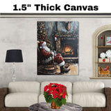 Santa Claus Relaxing in Rocking Chair by Fireplace, Vintage Christmas Scene with Tree, Garland, Stocking and Mounted Deer in Rustic Holiday Setting on Ready to Hang 1.5" Thick Canvas Wrap, Floating Framed Canvas, Flat Rolled Canvas