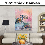 Abstract Watercolor of Three Sea Turtles Swimming Over Ocean Waves with Textured Pastel and Splash Background on Ready to Hang 1.5" Thick Canvas Wrap, Floating Framed Canvas, Flat Rolled Canvas